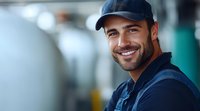 Smiling male technician in navy uniform and cap at industrial facility, professional service worker portrait for business and maintenance concepts.