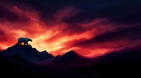 Lone wolf silhouette on mountain peak against dramatic red and orange sunset sky with dark mountains and moody clouds in wilderness landscape.