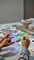 Artist hands creating colorful digital art on tablet with glowing swirls and flowing energy patterns in modern workspace for creative design projects.