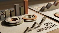 Cardboard craft business dashboard with bar charts, pie graphs, and Q4 growth arrow, eco-friendly financial concept in warm tones.