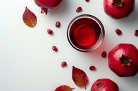 Fresh pomegranate juice in glass with whole fruits, seeds and autumn leaves on white background, flat lay food composition.