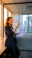 Professional businesswoman interacting with futuristic holographic interface displaying data analytics in modern office environment for technology presentations.