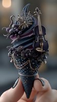 Gothic ice cream cone with violin and spider web decorations held in hand against blurred background for Halloween dessert and music themed designs.
