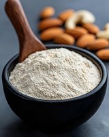 Fresh almond flour in black ceramic bowl with wooden spoon and raw almonds scattered on dark background, macro food photography for healthy baking recipes.