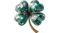 Mosaic four-leaf clover with emerald green and silver tiles arranged in geometric pattern on white background, lucky charm symbol with metallic stem, isolated design element.