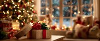 Festive Christmas gift box with red and green bow on table, surrounded by warm holiday lights and decorated tree in cozy home setting.