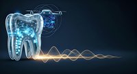 Tooth with digital circuit board and sound wave visualization on dark background, representing dental technology and innovation for healthcare and medical design projects.