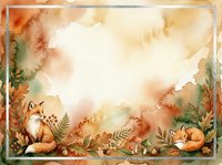 Watercolor autumn frame with sleeping foxes and forest foliage in warm orange tones, copy space for text and seasonal design projects.