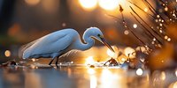 White egret hunting in shallow water at golden sunset, silhouetted against glowing bokeh lights and water droplets creating magical nature atmosphere.