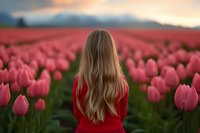 Young woman with long blonde hair wearing red dress stands among blooming pink tulip fields at sunset, mountains in background creating dreamy spring atmosphere.