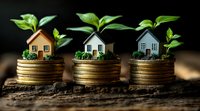 Small model houses on stacks of coins with growing green plants, symbolizing sustainable real estate investment, property growth and eco-friendly housing concept.