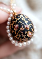 Elegant black Christmas ornament with golden floral pattern and pink gemstones surrounded by pearl beads, captured in soft focus macro photography.
