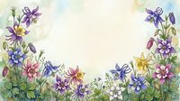 Watercolor floral frame with colorful columbine flowers in purple, pink, blue and yellow on soft pastel background with copy space.