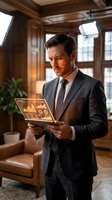 Professional businessman analyzing financial data on transparent tablet in luxury office with warm lighting and wooden interior design.
