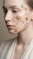 Young Caucasian woman with artistic floral face painting featuring golden cracks and delicate flowers for creative beauty and conceptual portrait photography.