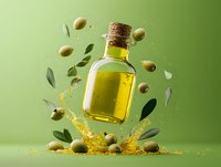 Olive oil bottle splashing with fresh green olives and leaves floating in dynamic composition against green background, golden liquid drops motion.