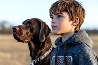 Young boy with brown hair in hoodie sitting outdoors with chocolate labrador dog during golden hour sunset light creating warm portrait of childhood friendship.