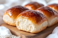 Fresh homemade dinner rolls with golden brown crust arranged on wooden cutting board, soft and fluffy texture visible through split tops, close up view.
