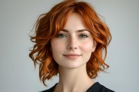 Young woman with natural red wavy hair and green eyes smiling warmly at camera against light gray background, wearing black top, professional headshot style portrait.