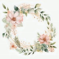 Delicate floral wreath with blush pink flowers and sage green leaves on white background, watercolor style botanical arrangement for wedding stationery.