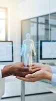 Two hands holding glowing holographic human figure with digital data streams in modern office environment, representing healthcare technology, telemedicine, digital wellness, and medical innovation.