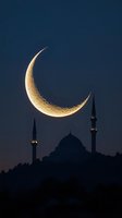 Crescent moon glowing golden above silhouetted mosque with twin minarets against dark blue night sky, creating mystical religious atmosphere.
