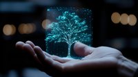 Glowing holographic tree floating above open palm against dark background, magical fantasy concept with sparkles and ethereal cyan light effects.