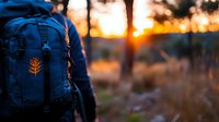 Blue hiking backpack with leaf emblem against blurred forest sunset background, golden hour lighting creates warm atmospheric outdoor scene for adventure travel.