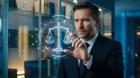 Man in business suit interacting with holographic scales of justice symbol, representing legal technology, law firm services, compliance, and digital transformation in corporate environment.
