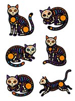 Mystical cats with celestial patterns, golden moons, and ornate decorative details in various sitting and walking poses on isolated white background.