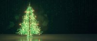Digital Christmas tree made of glowing green binary code numbers on dark background for holiday technology concepts and festive programming designs.