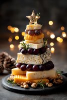 Festive cheese tower with stacked varieties, red grapes, rosemary sprigs and golden star topper against bokeh lights background for holiday entertaining.