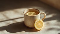 Ceramic mug with hot lemon tea and fresh lemon slice on wooden surface in warm morning light with shadow patterns, perfect for wellness content.