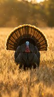 Wild turkey male displaying fanned tail feathers in golden wheat field during sunrise or sunset with warm backlighting and bokeh background.