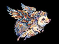 Whimsical winged hedgehog with ornate blue and gold patterned wings and body, isolated on transparent background. Ready for t-shirt design, stickers, clipart, sublimation, and print-on-demand products.