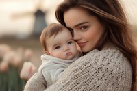 Young mother in cozy knit sweater holding baby wrapped in soft blanket, sharing tender moment outdoors during golden hour with lighthouse in background.