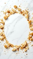 Cereal flakes and crumbs arranged in oval frame on white marble surface, isolated design element for food packaging, breakfast advertising, and culinary marketing materials.