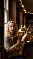 Surprised young Caucasian woman with curly blonde hair holding book in cozy library with warm lighting and golden bokeh background for reading concepts.