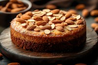 Homemade almond cake topped with roasted nuts on dark wooden board, close up view. Rich brown color and moist texture create appetizing dessert presentation.