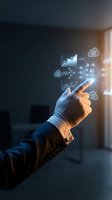 Hand holding smartphone displaying holographic AI interface with data analytics, cloud computing icons, and network connections for business technology and digital transformation concepts.