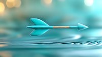 Sleek turquoise arrow flying over rippling water surface with bokeh light effects in background, representing direction, progress and forward momentum.