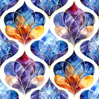 Seamless watercolor pattern with ornamental ogee shapes in blue, purple, and orange tones, featuring delicate gold line details on white background. Tiles continuously.