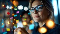 Caucasian businesswoman in glasses analyzing data on transparent screen with colorful sticky notes, bokeh lights create modern office atmosphere.