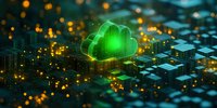 Glowing green cloud symbol over digital circuit board cityscape with golden bokeh lights, representing cloud computing and data storage technology.