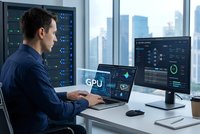 Professional IT specialist monitoring GPU performance and system analytics on multiple screens in modern office environment with city skyline view.