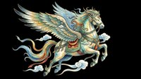 Ornate winged horse flying through clouds, detailed folk art style with vibrant colors, isolated on transparent background, ready for t-shirt design, stickers, and print on demand.