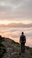 Hiker with backpack standing on mountain trail overlooking sea of clouds at sunrise, surrounded by distant peaks and misty landscape for travel and adventure concepts.