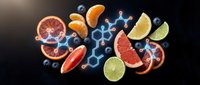 Fresh citrus fruits and blueberries with molecular structures on dark background for healthy nutrition and vitamin C supplement concepts.