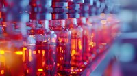 Glass vials and bottles in laboratory with red and orange liquid glowing in dark background, scientific research concept for pharmaceutical industry.