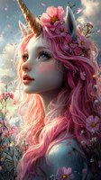 Magical unicorn creature with pink flowing hair adorned with cosmos flowers against dreamy sunset sky, featuring ethereal lighting and floating flower petals.